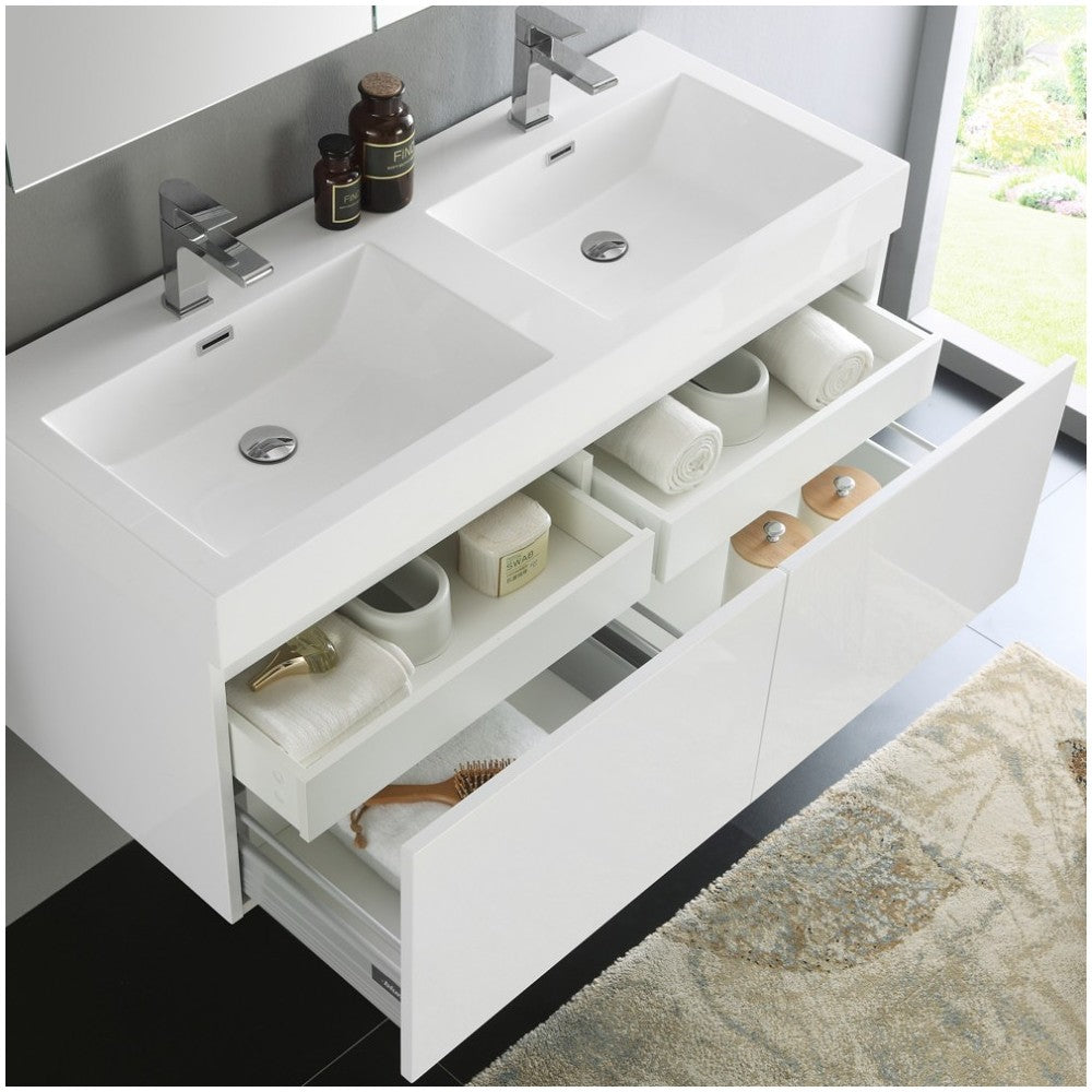 Mezzo 48" White Wall Hung Double Sink Modern Bathroom Vanity w/ Medicine Cabinet