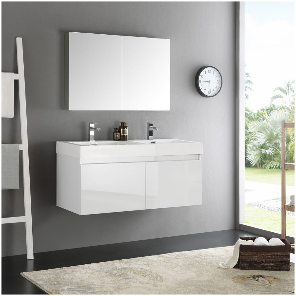 Mezzo 48" White Wall Hung Double Sink Modern Bathroom Vanity w/ Medicine Cabinet