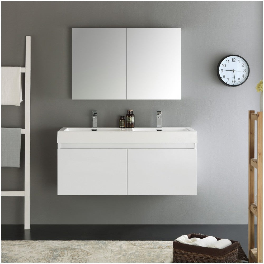 Mezzo 48" White Wall Hung Double Sink Modern Bathroom Vanity w/ Medicine Cabinet