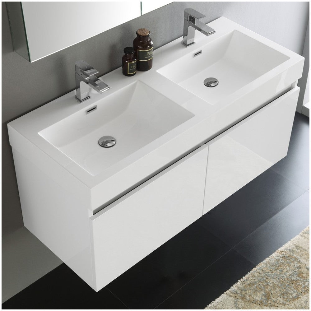 Mezzo 48" White Wall Hung Double Sink Modern Bathroom Vanity w/ Medicine Cabinet