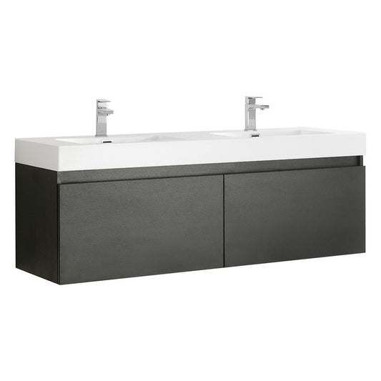 Mezzo 60" Black Wall Hung Double Sink Modern Bathroom Cabinet w/ Integrated Sink