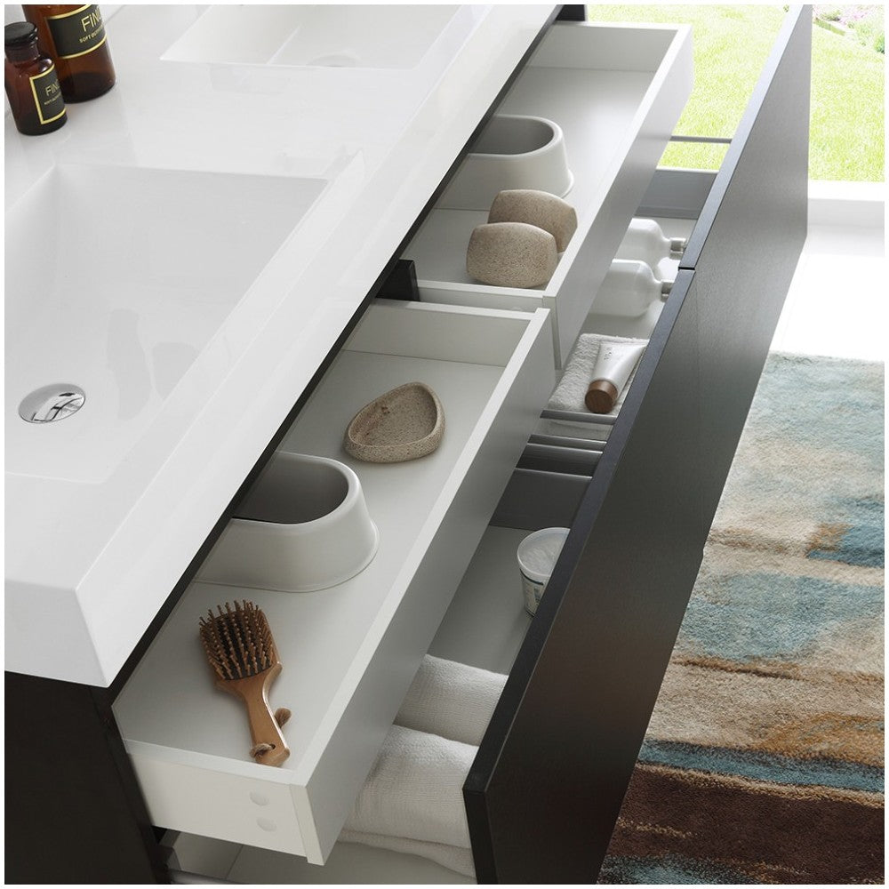 Mezzo 60" Black Wall Hung Double Sink Modern Bathroom Cabinet w/ Integrated Sink
