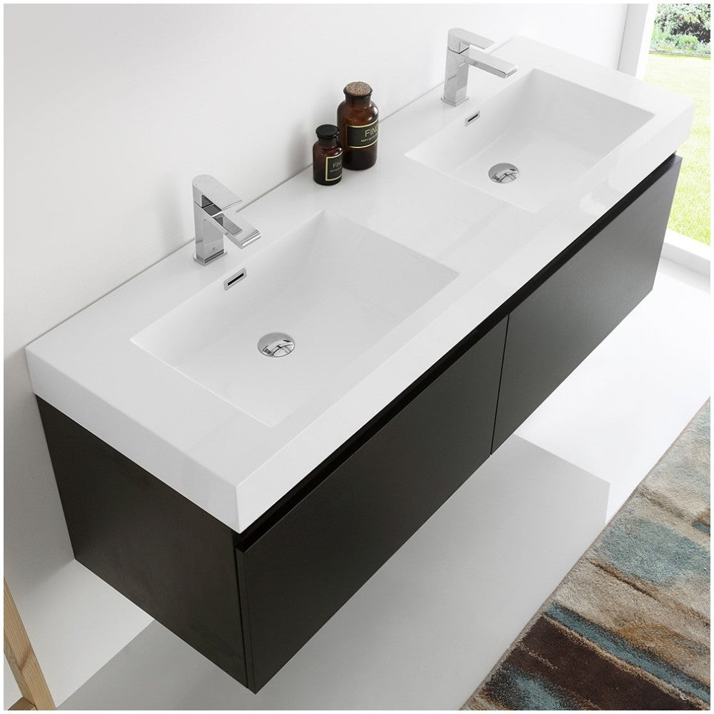 Mezzo 60" Black Wall Hung Double Sink Modern Bathroom Cabinet w/ Integrated Sink