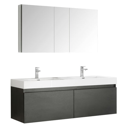 Mezzo 60" Black Wall Hung Double Sink Modern Bathroom Vanity w/ Medicine Cabinet