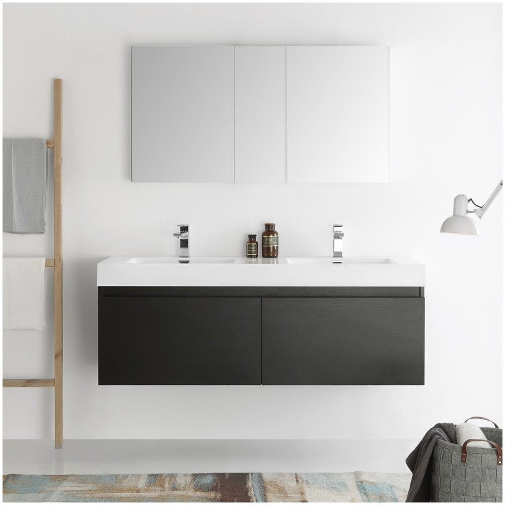 Mezzo 60" Black Wall Hung Double Sink Modern Bathroom Vanity w/ Medicine Cabinet