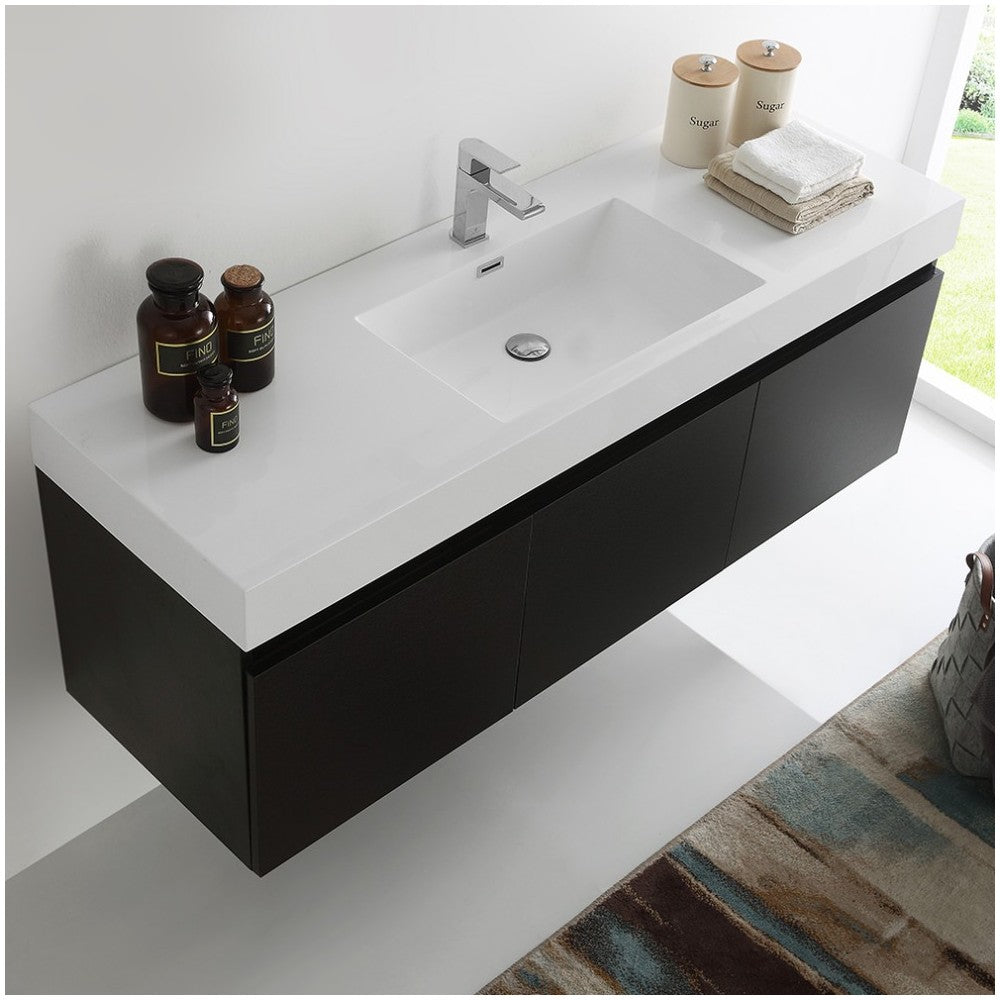 Mezzo 60" Black Wall Hung Single Sink Modern Bathroom Cabinet w/ Integrated Sink