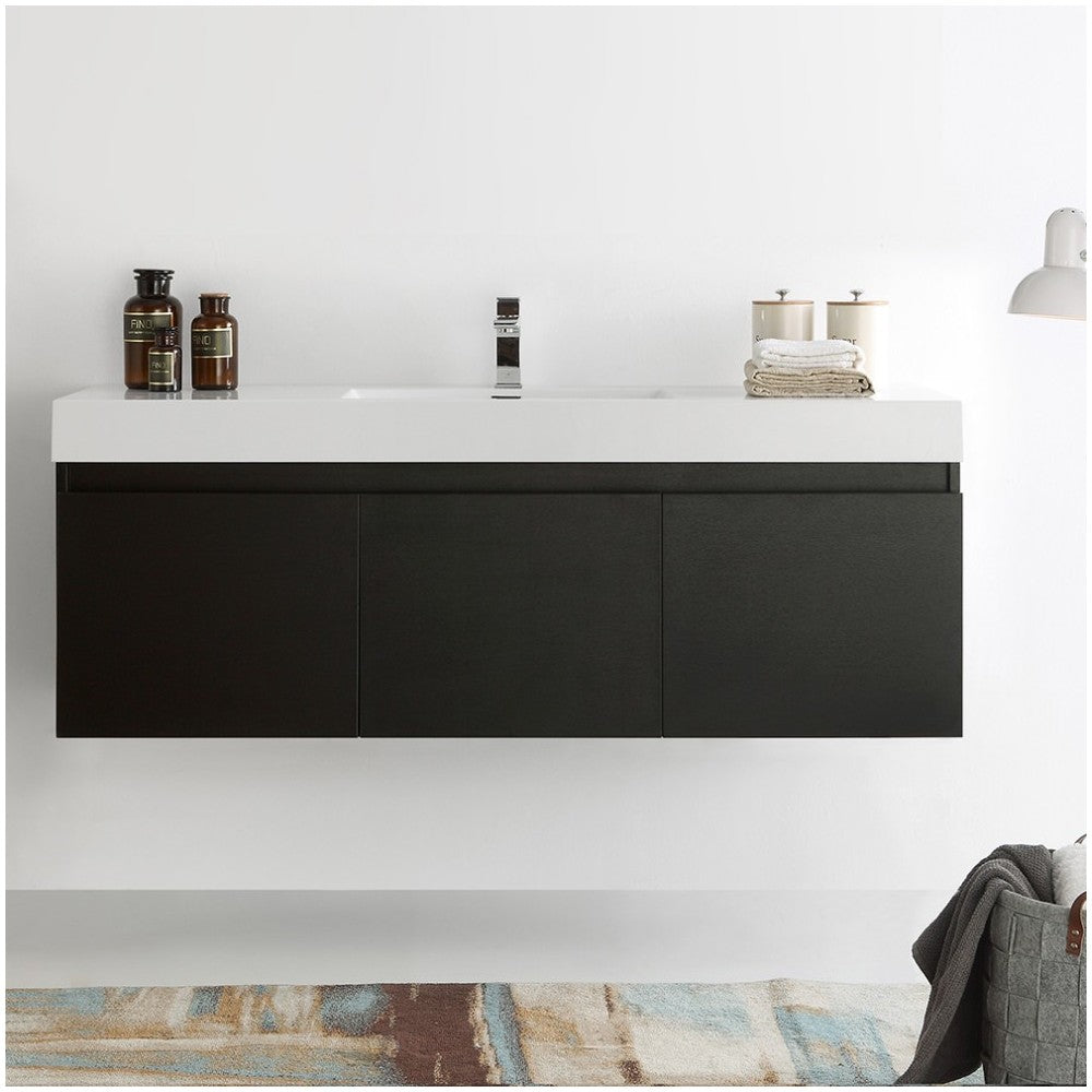 Mezzo 60" Black Wall Hung Single Sink Modern Bathroom Cabinet w/ Integrated Sink
