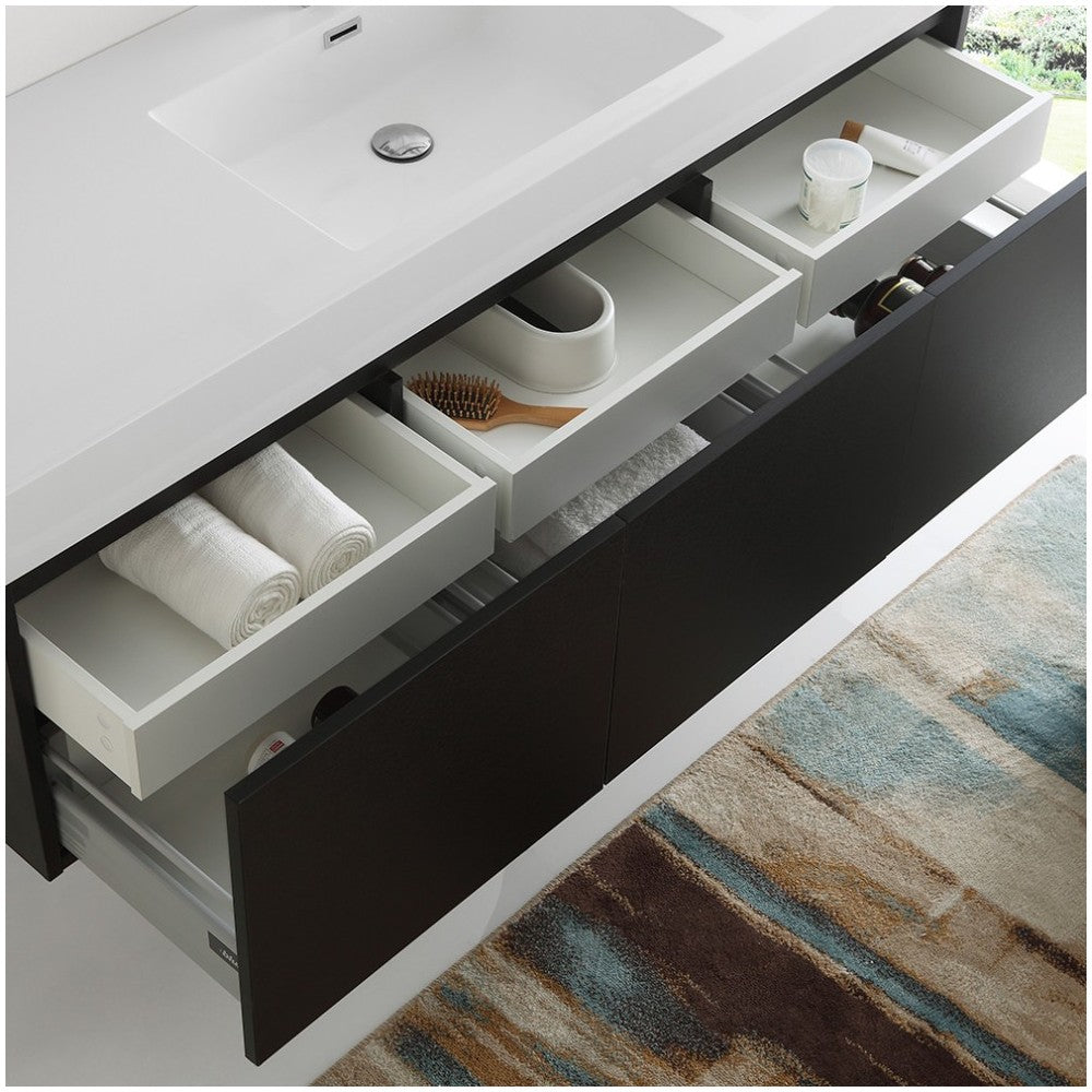 Mezzo 60" Black Wall Hung Single Sink Modern Bathroom Cabinet w/ Integrated Sink