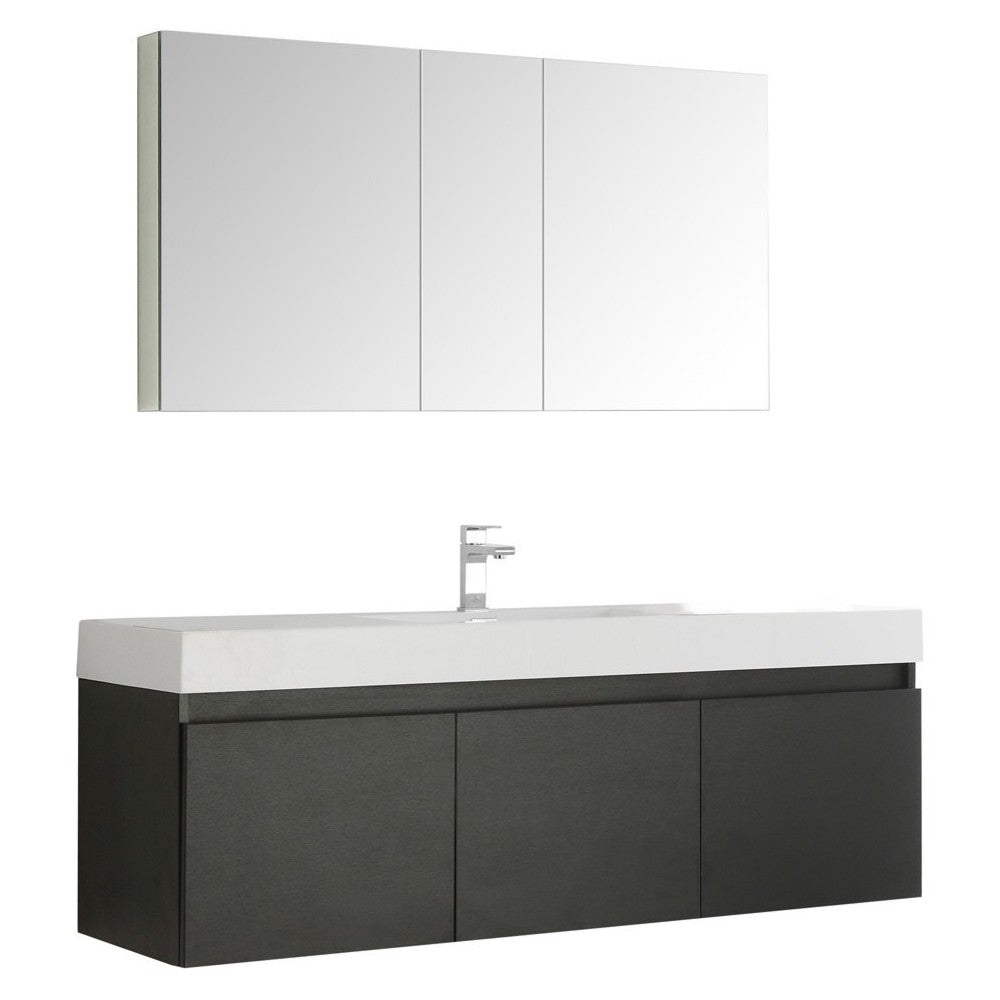 Mezzo 60" Black Wall Hung Single Sink Modern Bathroom Vanity w/ Medicine Cabinet