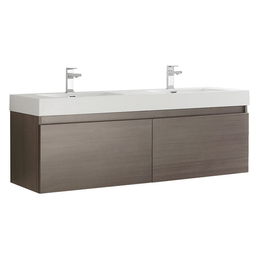 Mezzo 60 Gray Oak Wall Hung Double Sink Bathroom Cabinet w/ Integrated Sink