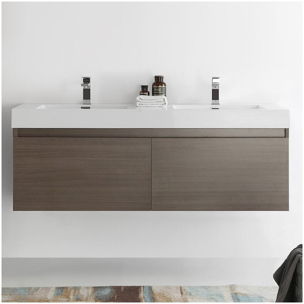 Mezzo 60 Gray Oak Wall Hung Double Sink Bathroom Cabinet w/ Integrated Sink