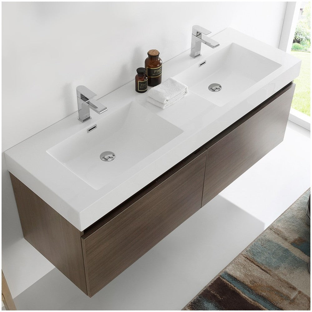 Mezzo 60 Gray Oak Wall Hung Double Sink Bathroom Cabinet w/ Integrated Sink