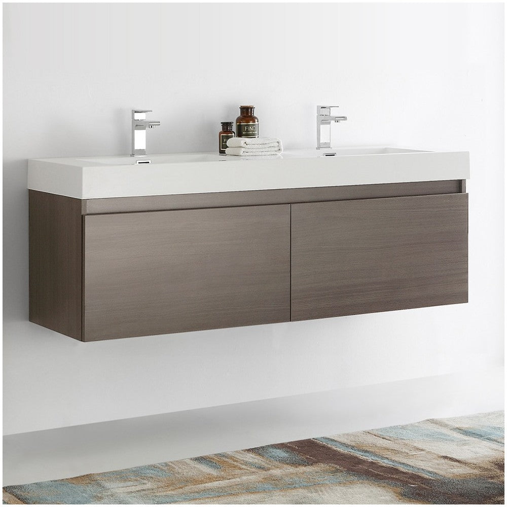 Mezzo 60 Gray Oak Wall Hung Double Sink Bathroom Cabinet w/ Integrated Sink
