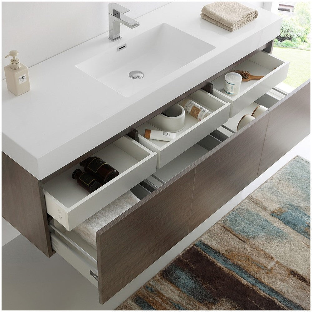 Mezzo 60 Gray Oak Wall Hung Single Sink Bathroom Cabinet w/ Integrated Sink