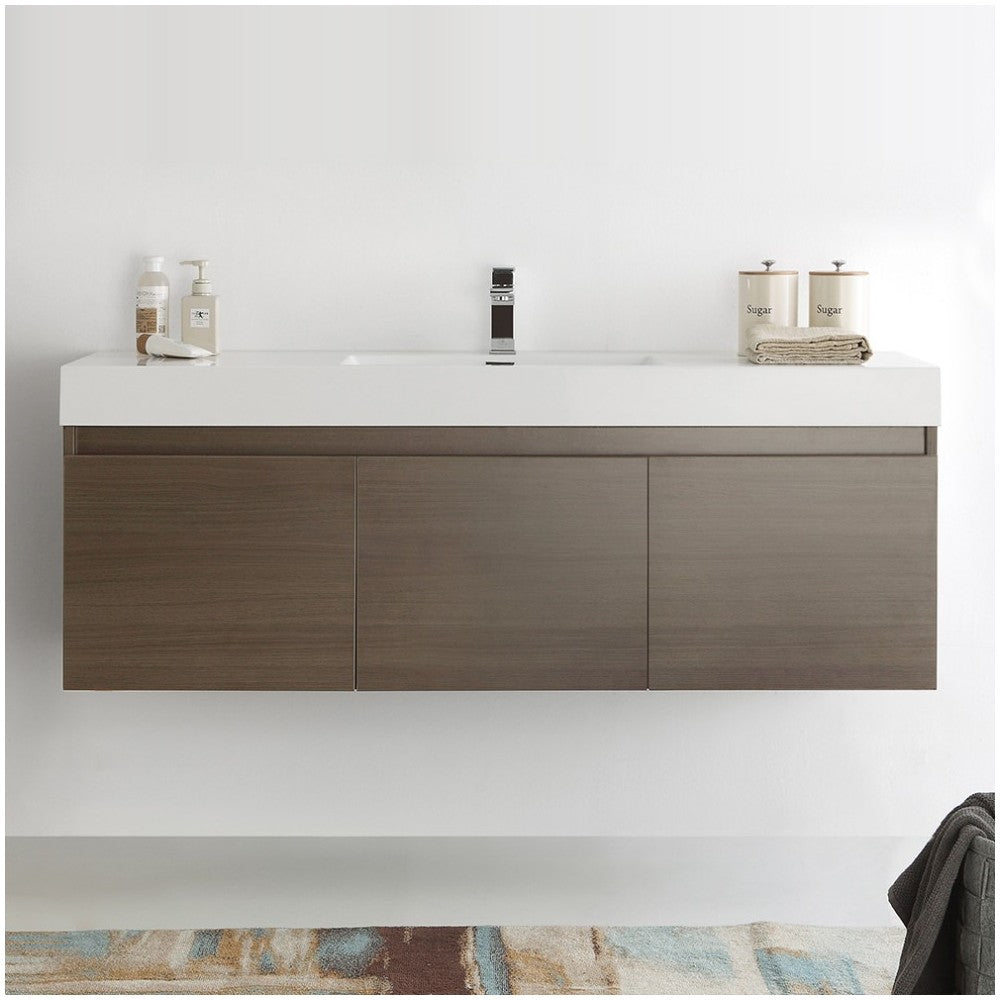 Mezzo 60 Gray Oak Wall Hung Single Sink Bathroom Cabinet w/ Integrated Sink