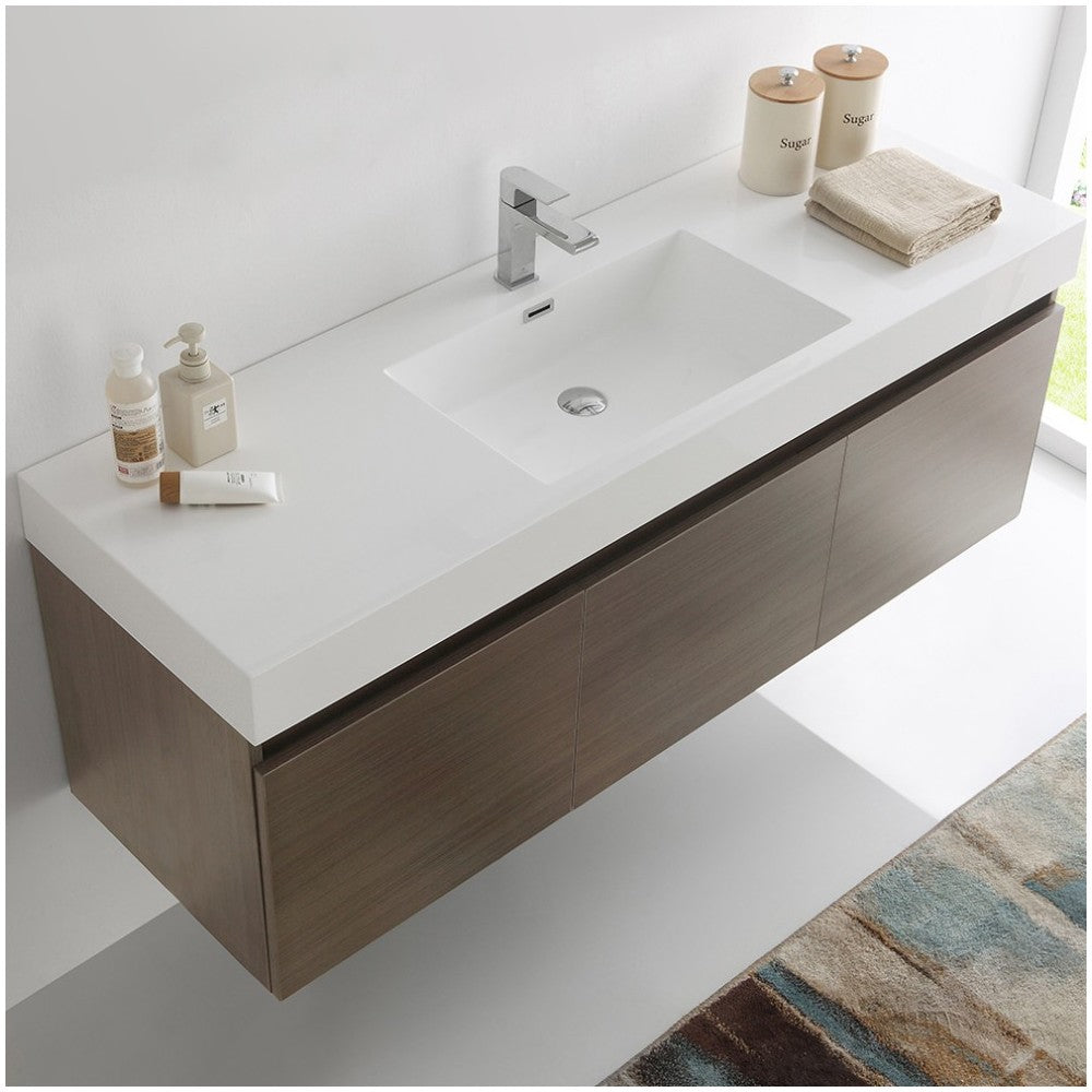 Mezzo 60 Gray Oak Wall Hung Single Sink Bathroom Cabinet w/ Integrated Sink