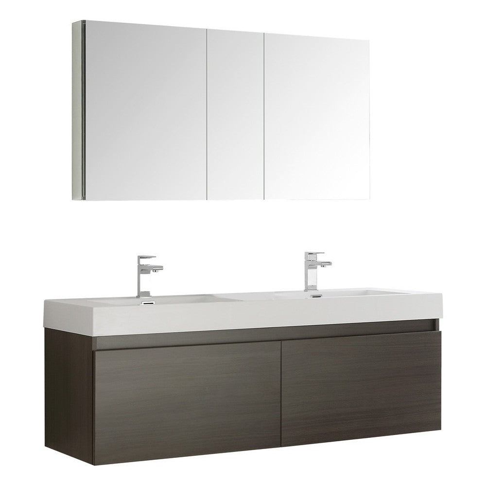 Mezzo 60 Gray Wall Hung Double Sink Modern Bathroom Vanity w/ Medicine Cabinet