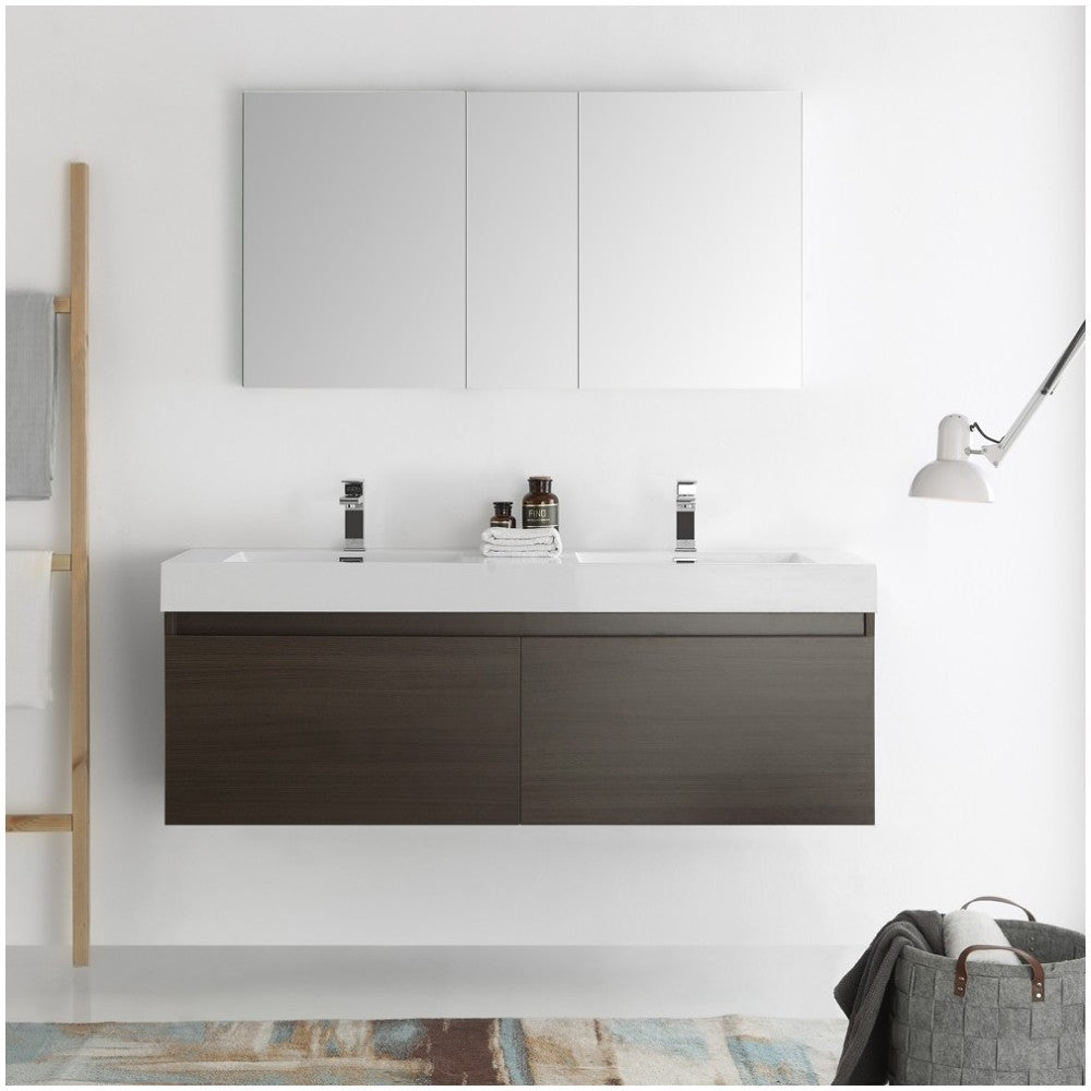 Mezzo 60 Gray Wall Hung Double Sink Modern Bathroom Vanity w/ Medicine Cabinet