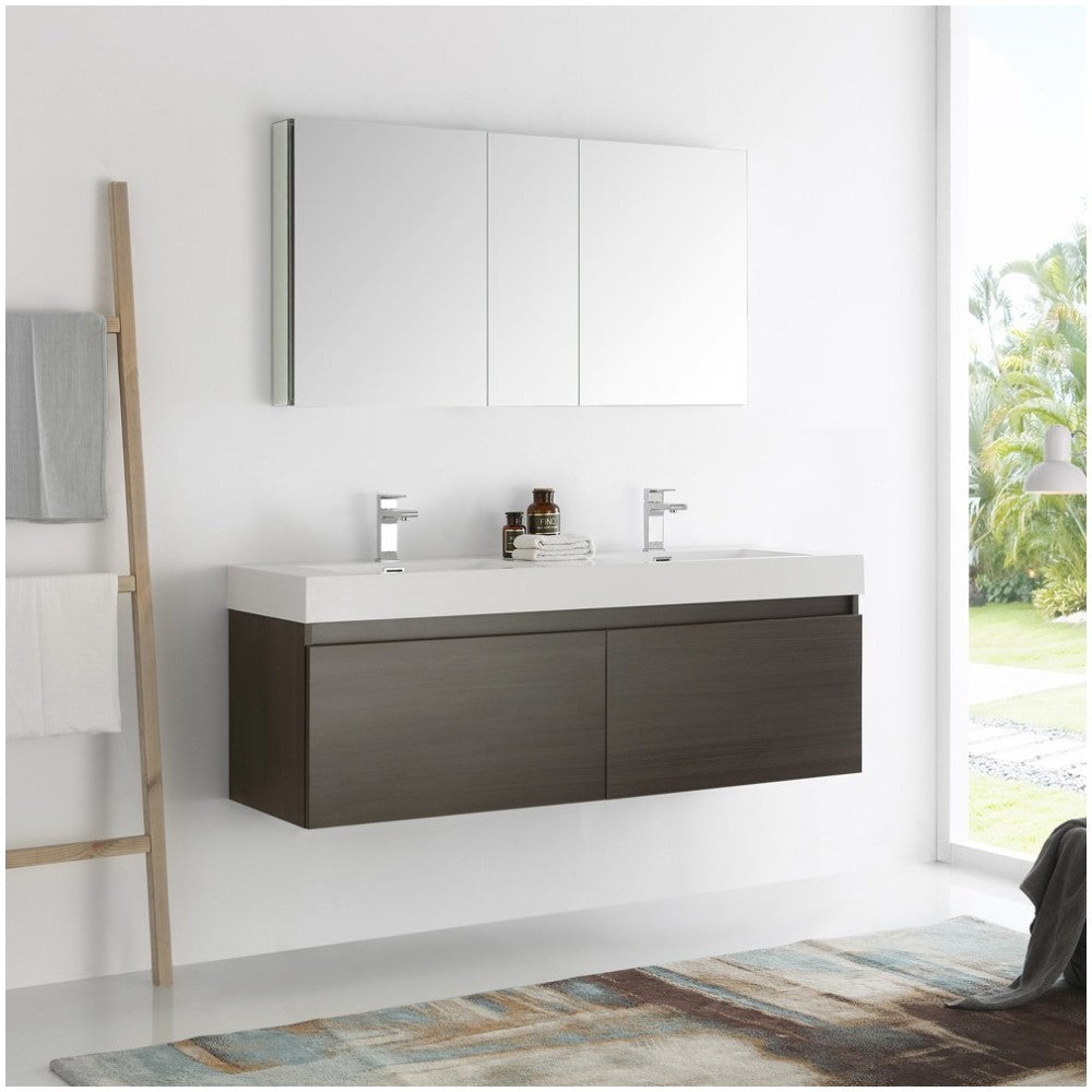 Mezzo 60 Gray Wall Hung Double Sink Modern Bathroom Vanity w/ Medicine Cabinet