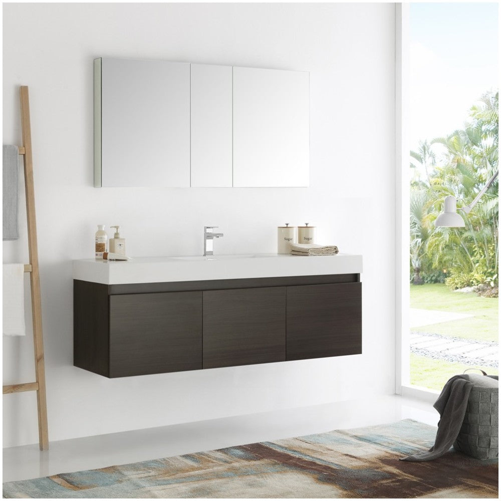 Mezzo 60 Gray Wall Hung Single Sink Modern Bathroom Vanity w/ Medicine Cabinet