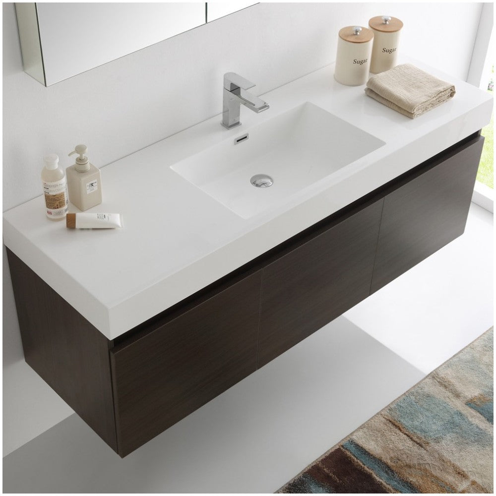 Mezzo 60 Gray Wall Hung Single Sink Modern Bathroom Vanity w/ Medicine Cabinet