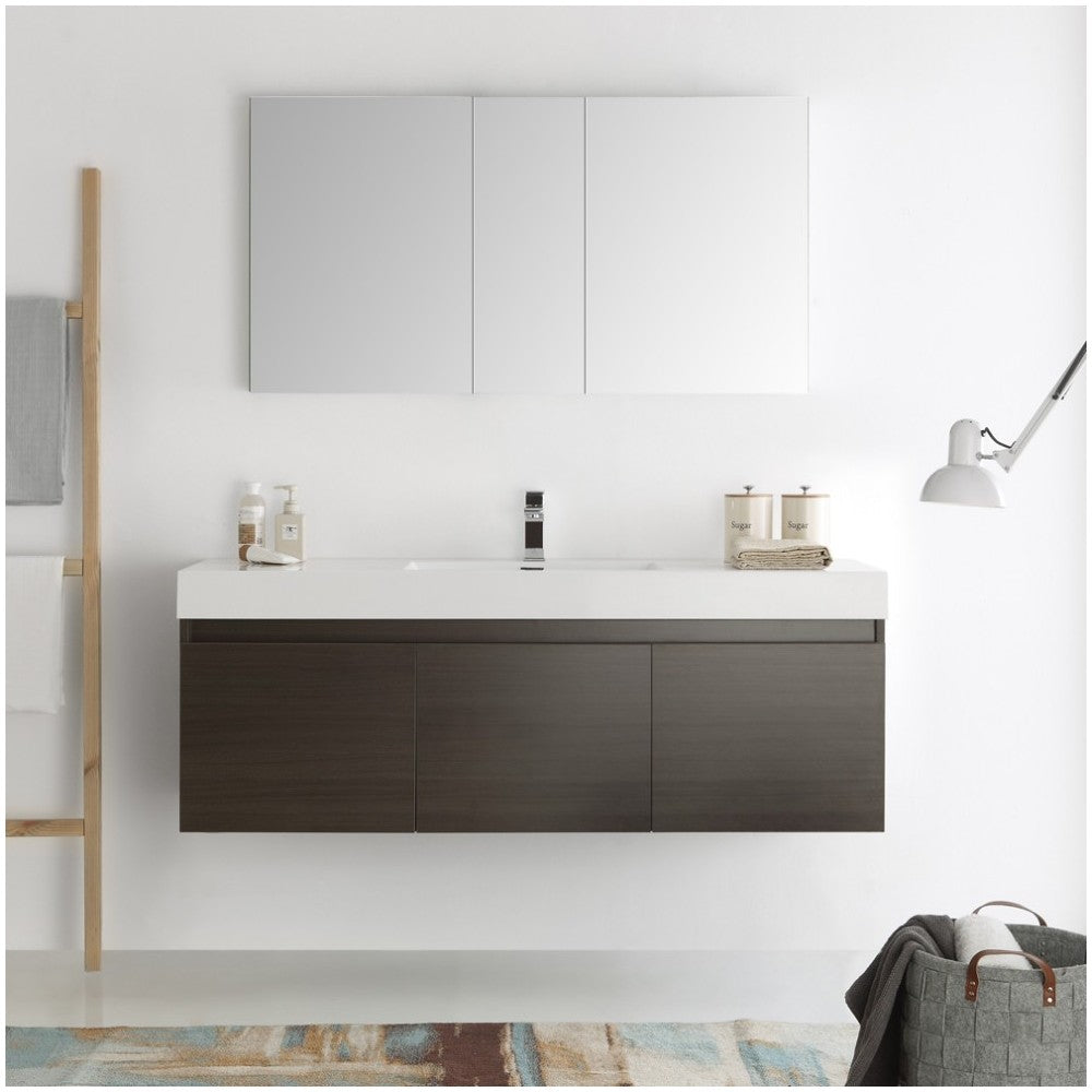 Mezzo 60 Gray Wall Hung Single Sink Modern Bathroom Vanity w/ Medicine Cabinet