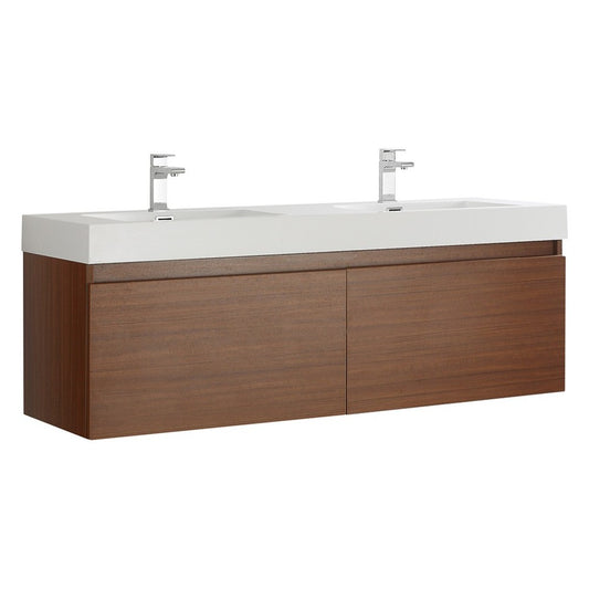 Mezzo 60" Teak Wall Hung Double Sink Modern Bathroom Cabinet w/ Integrated Sink