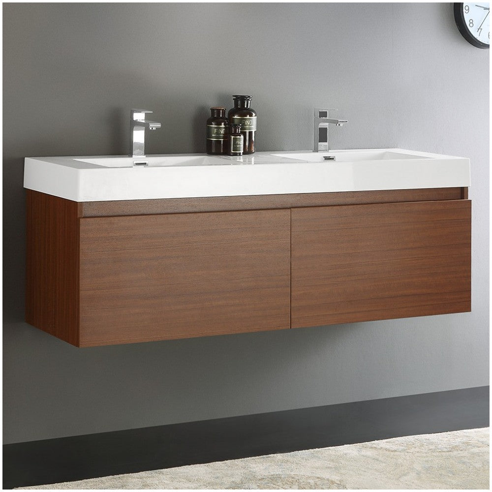 Mezzo 60" Teak Wall Hung Double Sink Modern Bathroom Cabinet w/ Integrated Sink
