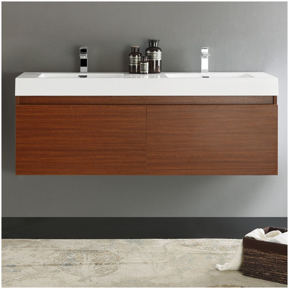 Mezzo 60" Teak Wall Hung Double Sink Modern Bathroom Cabinet w/ Integrated Sink