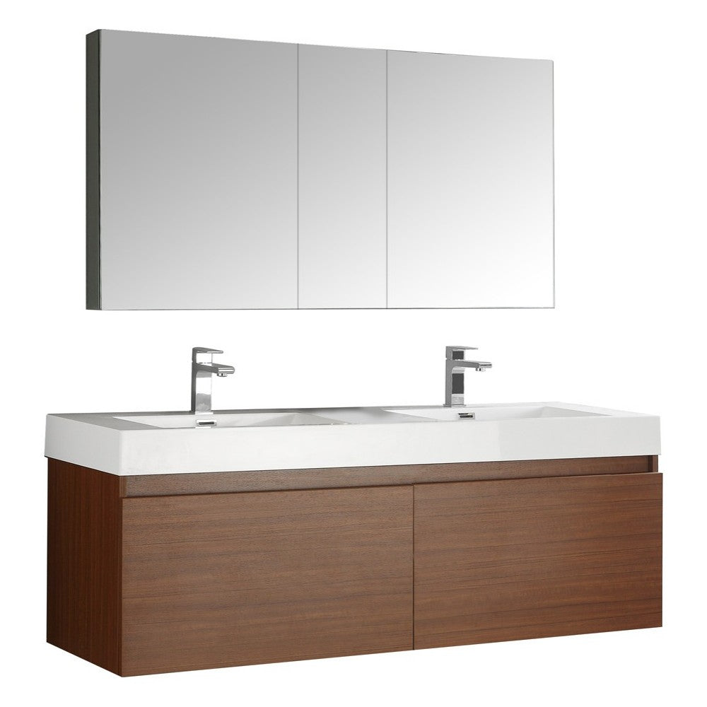 Mezzo 60" Teak Wall Hung Double Sink Modern Bathroom Vanity w/ Medicine Cabinet