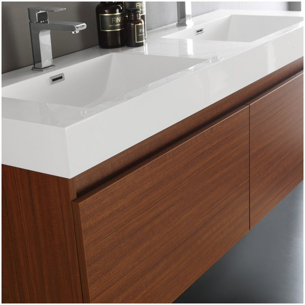 Mezzo 60" Teak Wall Hung Double Sink Modern Bathroom Vanity w/ Medicine Cabinet