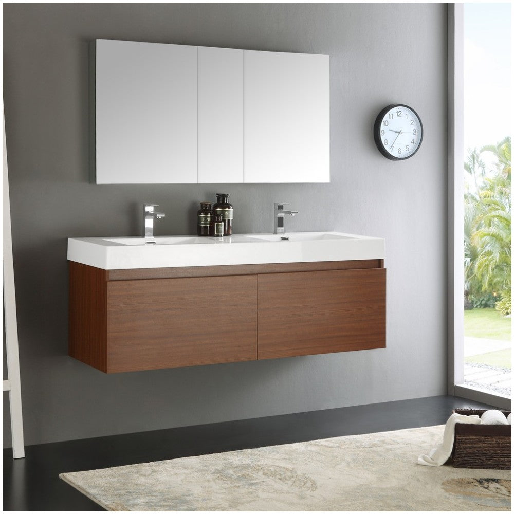 Mezzo 60" Teak Wall Hung Double Sink Modern Bathroom Vanity w/ Medicine Cabinet