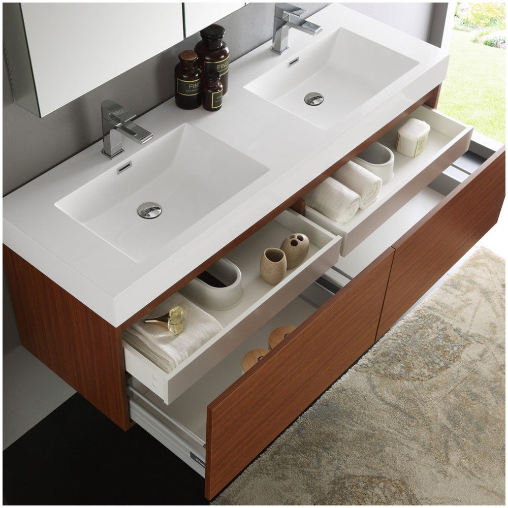 Mezzo 60" Teak Wall Hung Double Sink Modern Bathroom Vanity w/ Medicine Cabinet