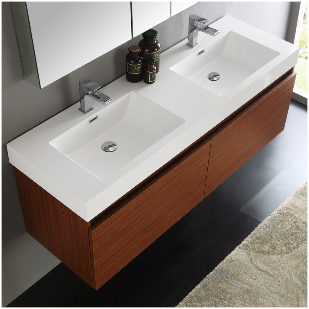 Mezzo 60" Teak Wall Hung Double Sink Modern Bathroom Vanity w/ Medicine Cabinet