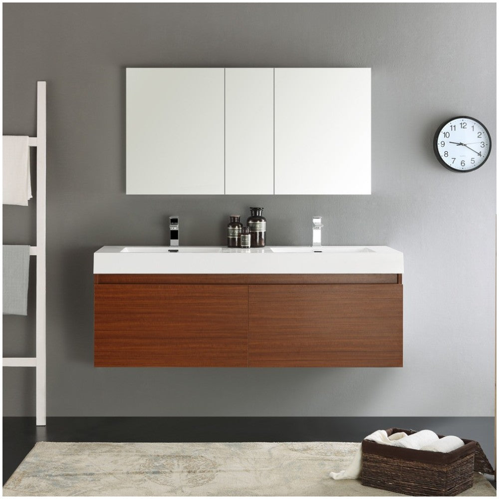 Mezzo 60" Teak Wall Hung Double Sink Modern Bathroom Vanity w/ Medicine Cabinet