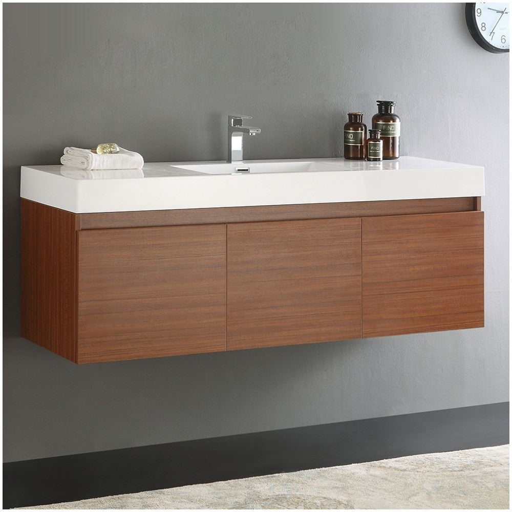 Mezzo 60" Teak Wall Hung Single Sink Modern Bathroom Cabinet w/ Integrated Sink