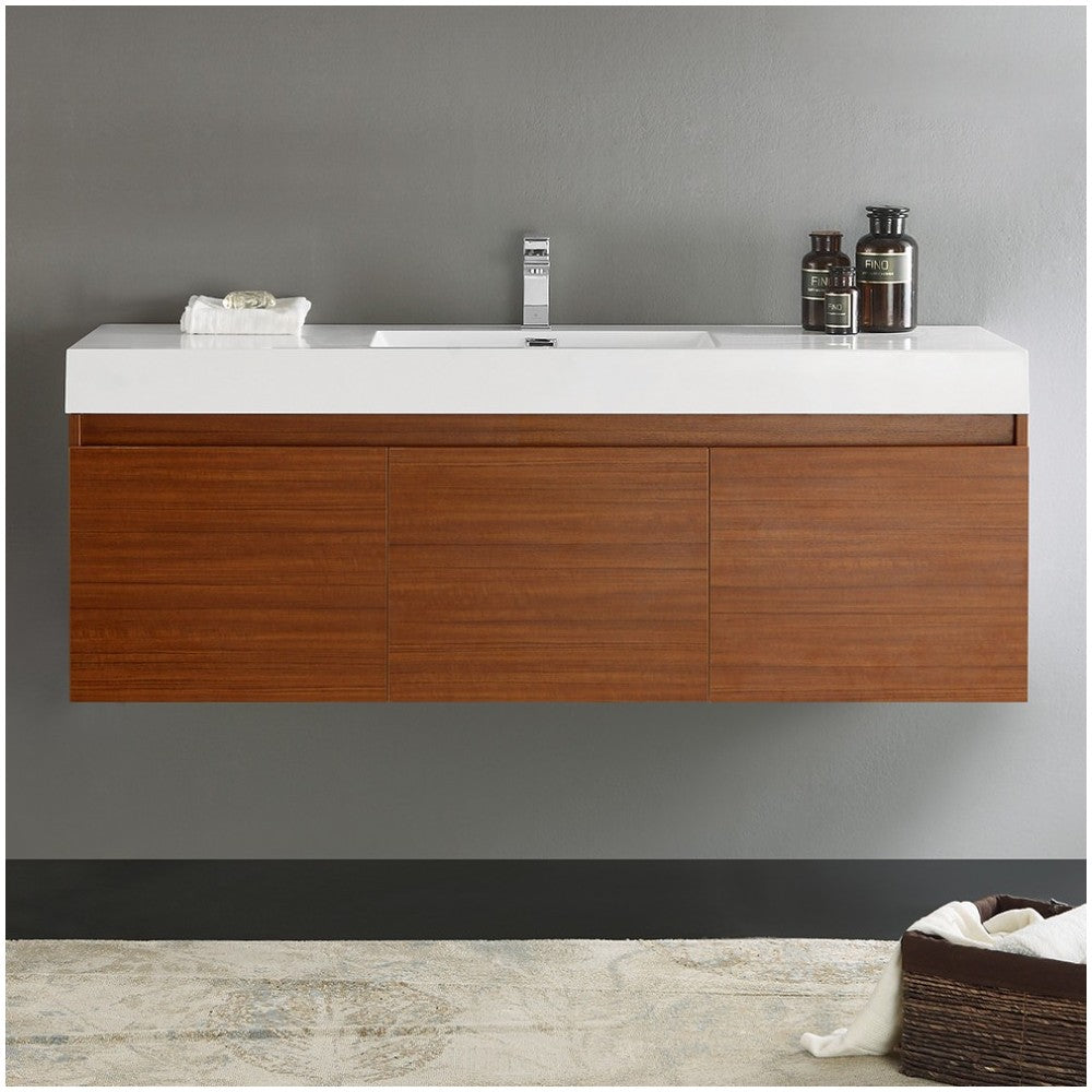 Mezzo 60" Teak Wall Hung Single Sink Modern Bathroom Cabinet w/ Integrated Sink