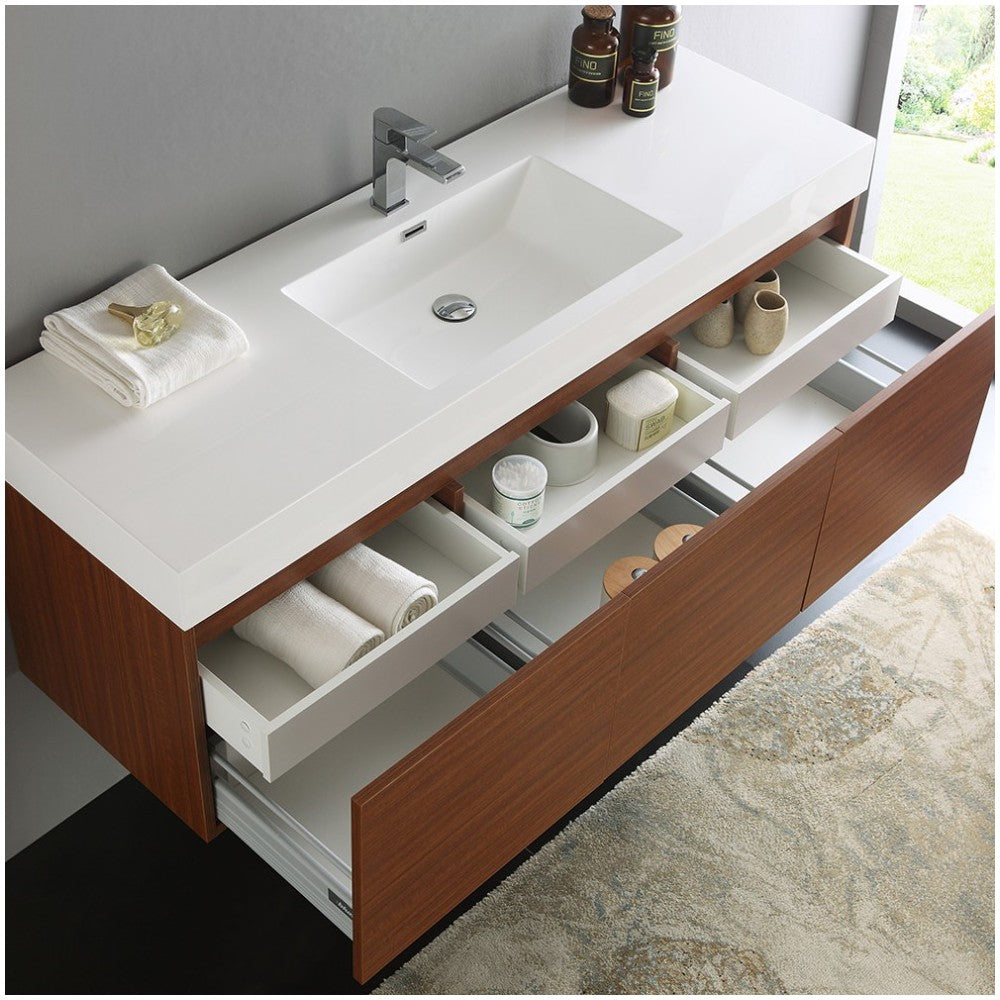 Mezzo 60" Teak Wall Hung Single Sink Modern Bathroom Cabinet w/ Integrated Sink