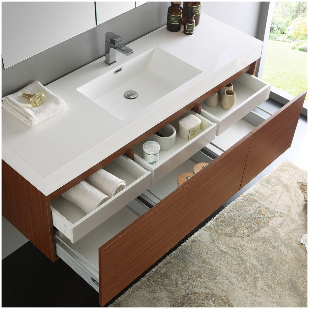 Mezzo 60" Teak Wall Hung Single Sink Modern Bathroom Vanity w/ Medicine Cabinet