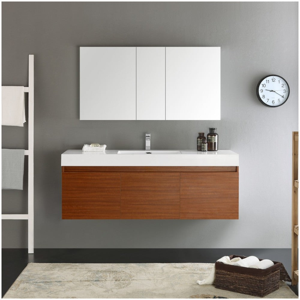 Mezzo 60" Teak Wall Hung Single Sink Modern Bathroom Vanity w/ Medicine Cabinet