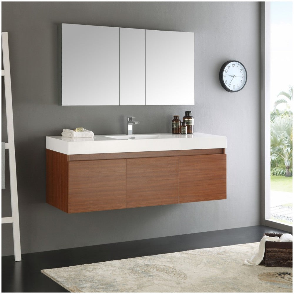 Mezzo 60" Teak Wall Hung Single Sink Modern Bathroom Vanity w/ Medicine Cabinet