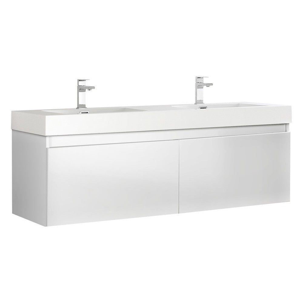 Mezzo 60" White Wall Hung Double Sink Modern Bathroom Cabinet w/ Integrated Sink