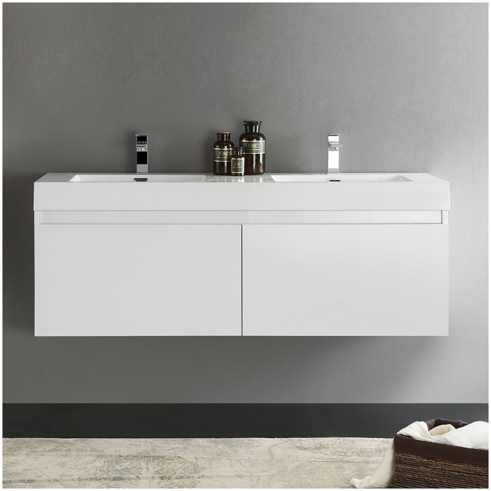 Mezzo 60" White Wall Hung Double Sink Modern Bathroom Cabinet w/ Integrated Sink