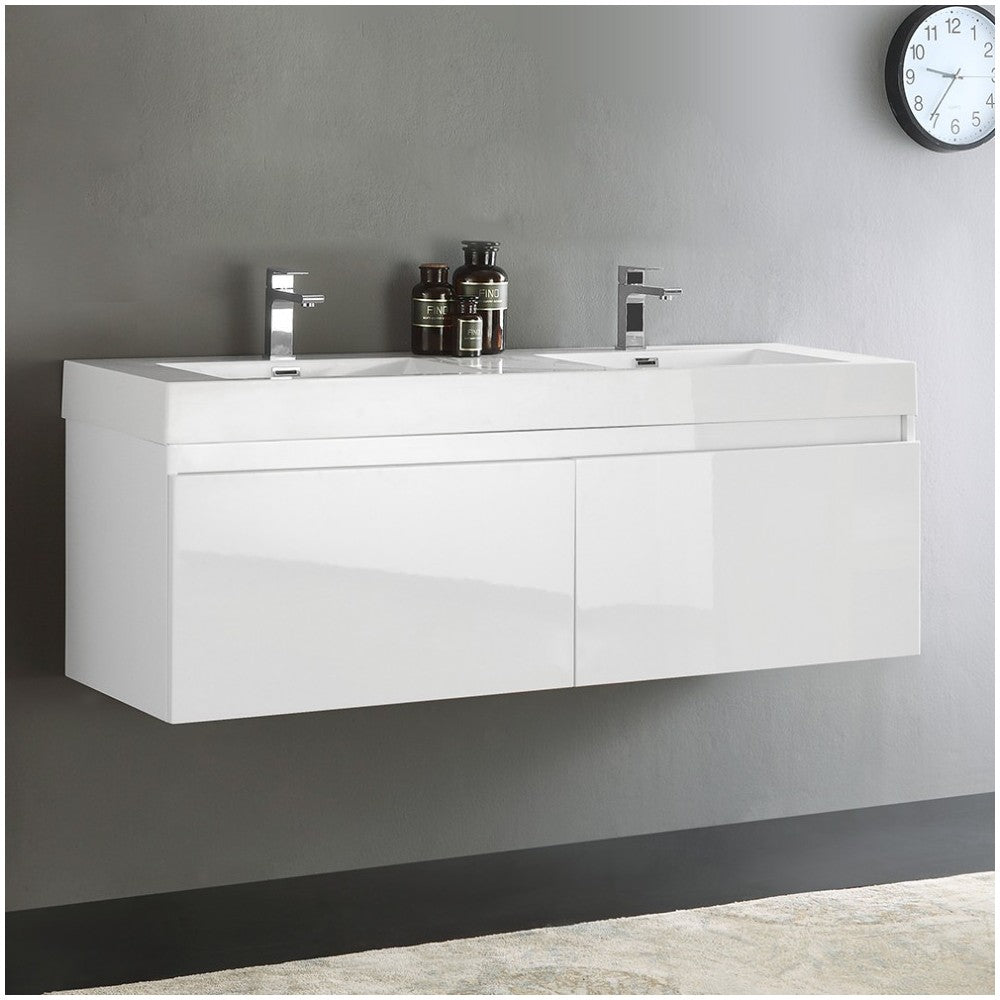 Mezzo 60" White Wall Hung Double Sink Modern Bathroom Cabinet w/ Integrated Sink
