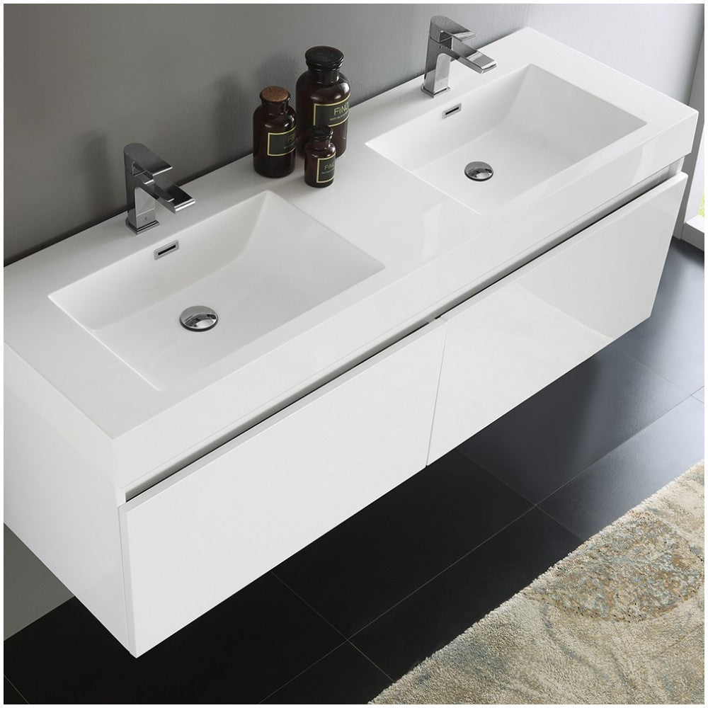 Mezzo 60" White Wall Hung Double Sink Modern Bathroom Cabinet w/ Integrated Sink