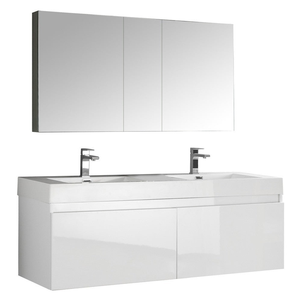 Mezzo 60" White Wall Hung Double Sink Modern Bathroom Vanity w/ Medicine Cabinet