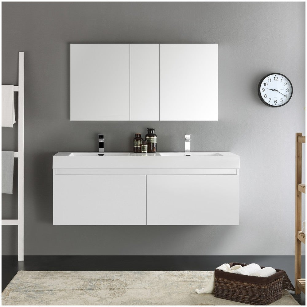 Mezzo 60" White Wall Hung Double Sink Modern Bathroom Vanity w/ Medicine Cabinet