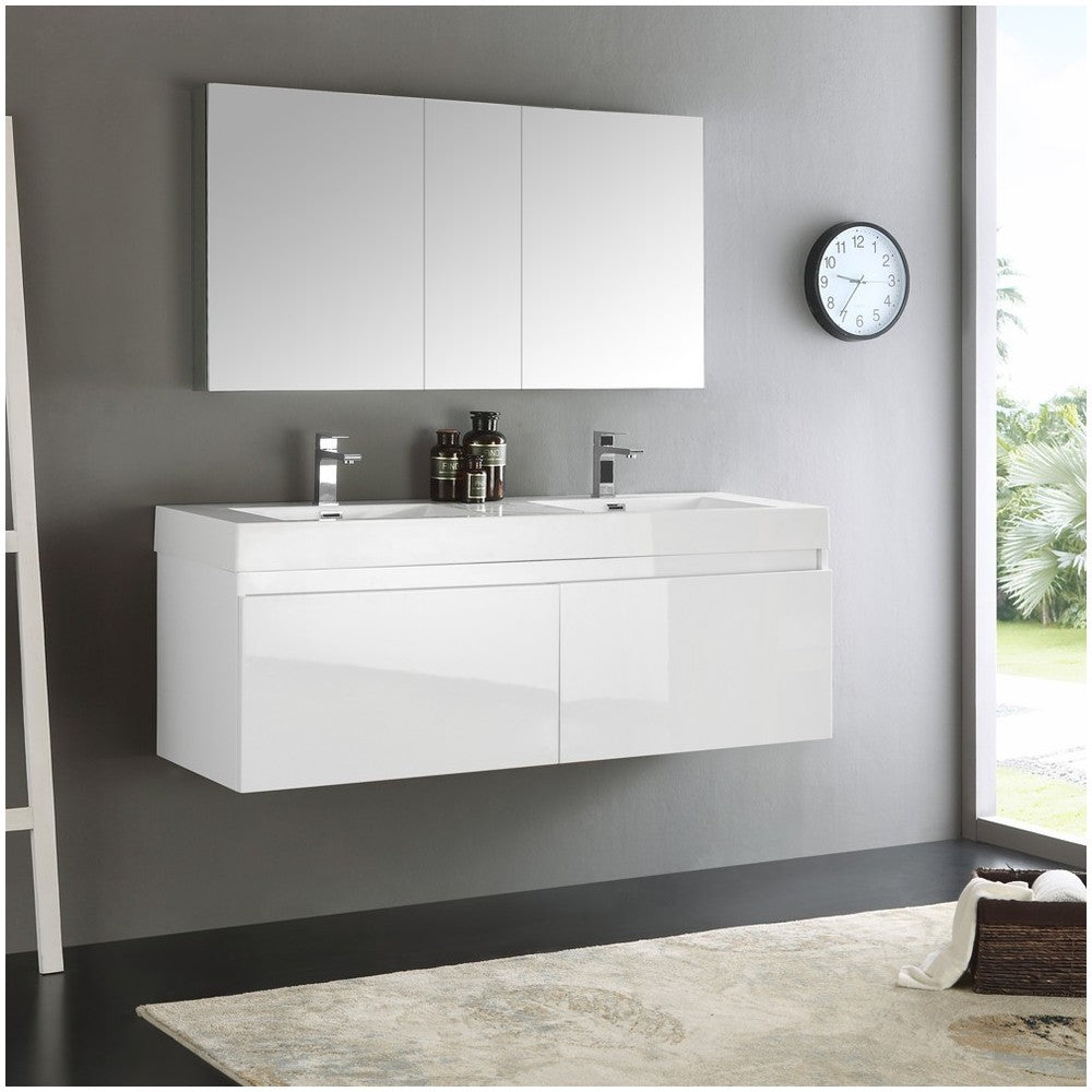 Mezzo 60" White Wall Hung Double Sink Modern Bathroom Vanity w/ Medicine Cabinet