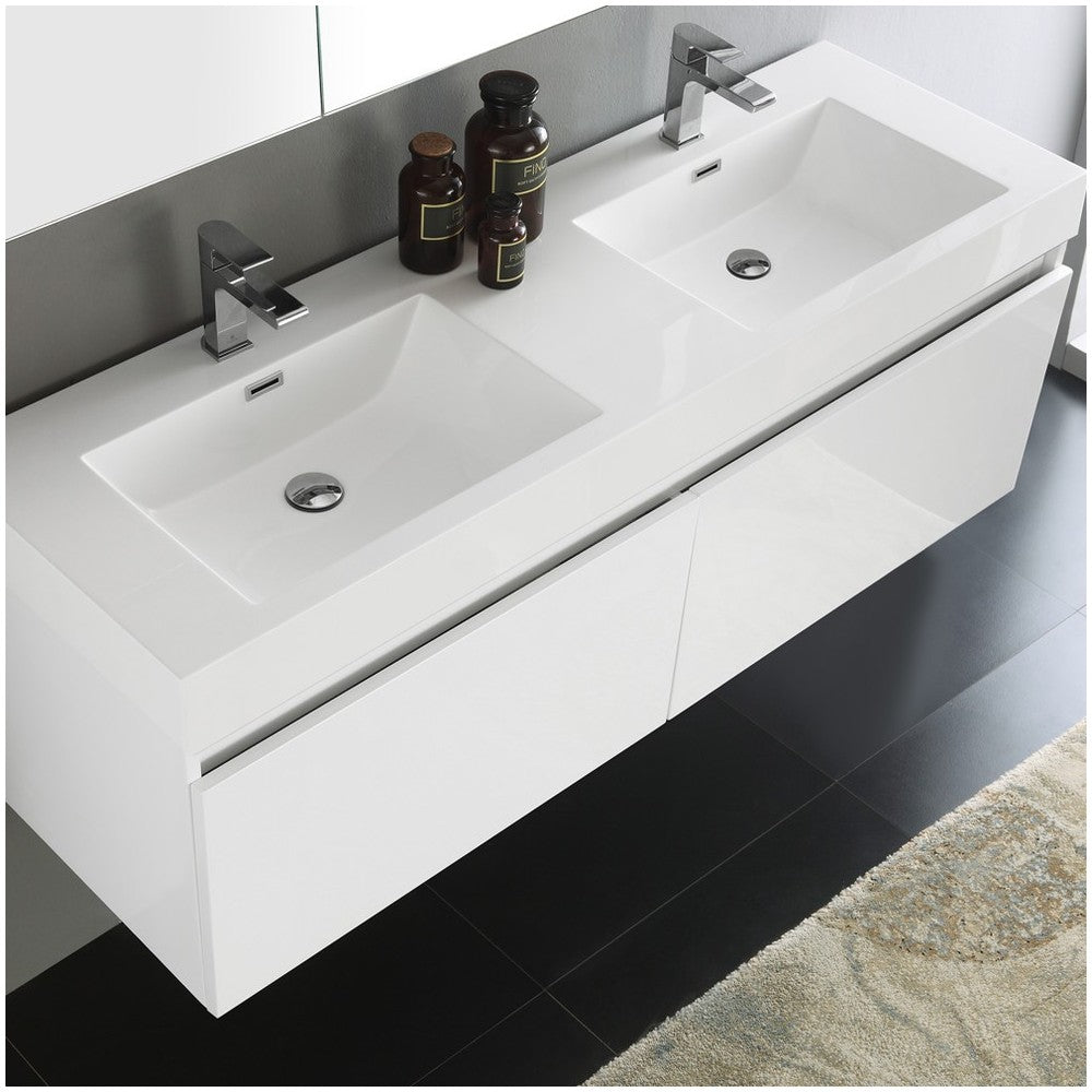 Mezzo 60" White Wall Hung Double Sink Modern Bathroom Vanity w/ Medicine Cabinet