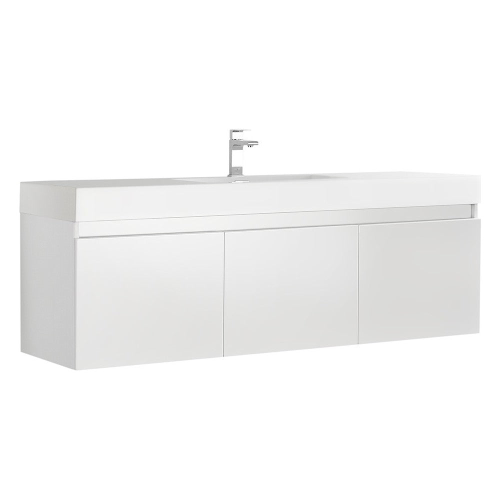 Mezzo 60" White Wall Hung Single Sink Modern Bathroom Cabinet w/ Integrated Sink